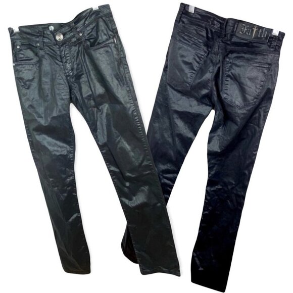 Faith Connexion Balmain Coated Black Denim Jeans Size 25 Straight Fit Biker Pant - Picture 1 of 8